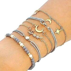 Celestial Love Charm Bracelet Bundle Women's Gold Chain & Grey Beaded Jewelry
